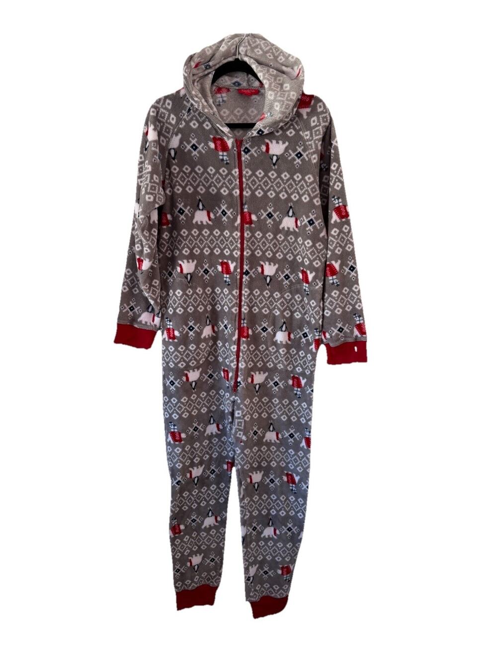 Macys Mens Size M Pajamas One Piece Fleece Hooded Polar Bear Penguin Holiday